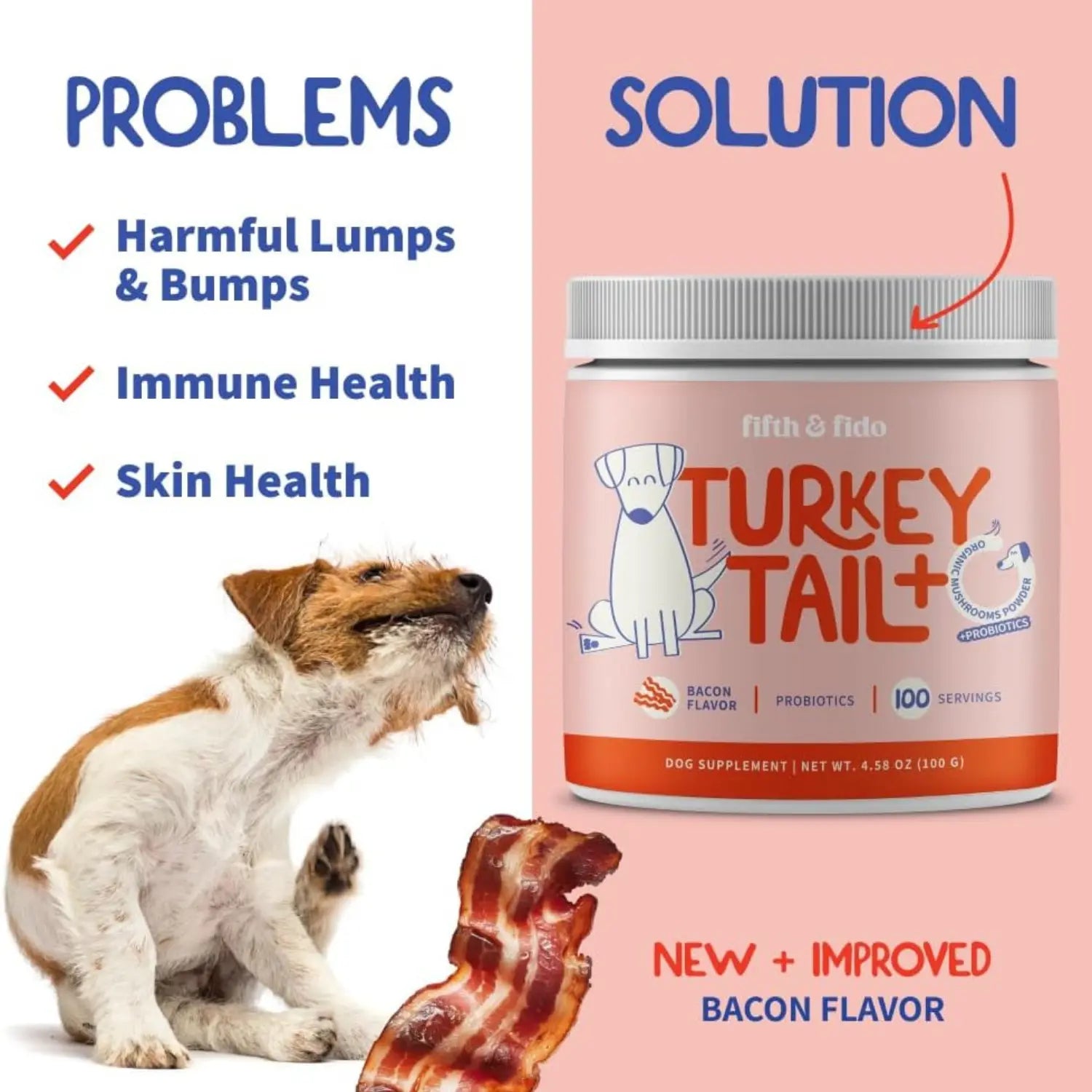 Fifth and Fido Turkey Tail+ Grain-Free Dog Food Topper - Bacon Flavor, Limited Ingredient, Probiotics, Puppy Food Supplement, 100 Servings, Aids Lipomas, Supports Immune & Gut Health, Natural Allergy Relief