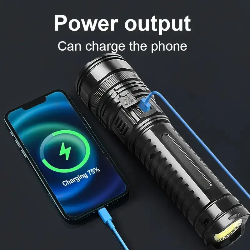 Rechargeable LED Outdoor Tactical Flashlight, 5 Modes Zoomable High-Lumens Portable LED Light with Long-Range Beam & COB Light for Camping & Hiking, Adjustable Tactical Flashlights, Emergency LED Flashlight